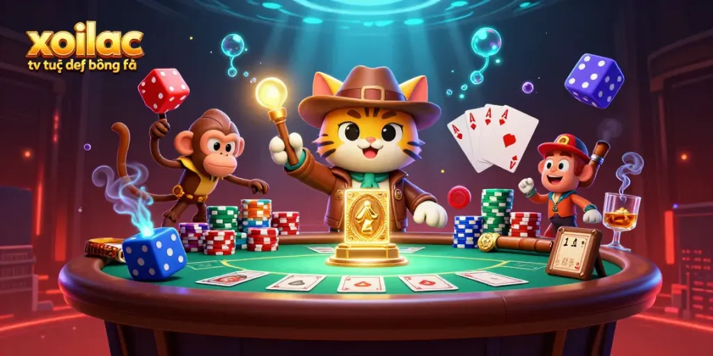 Xoilac tv trực tiếp bóng đá highlights a casino adventure with a cartoon explorer cat, artifacts, and poker elements.