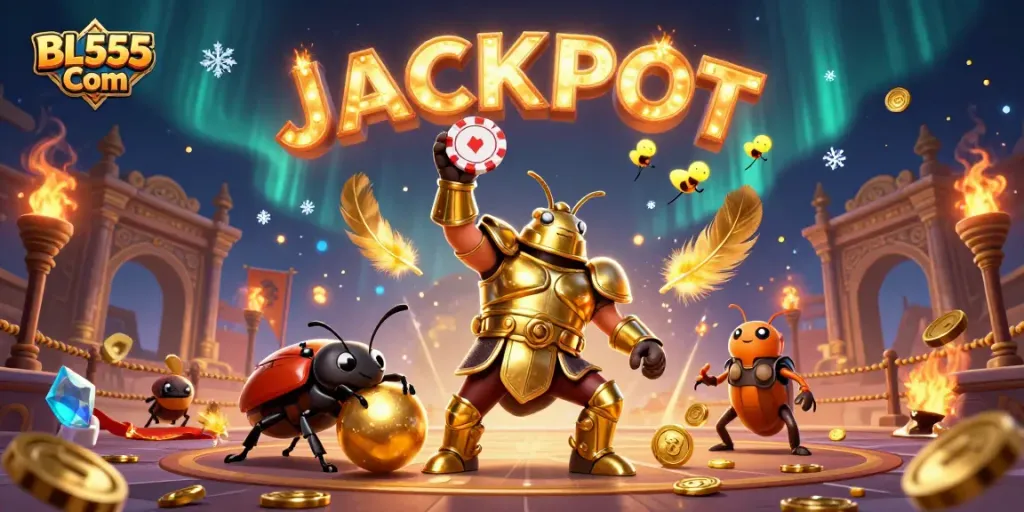 Experience the thrilling BL555 Com gaming adventure with a vibrant cartoon scene depicting victory and excitement.