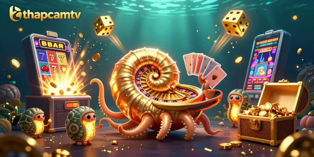 Engage with thapcamtv as an ancient nautilus hosts a vibrant casino scene with lucky symbols.