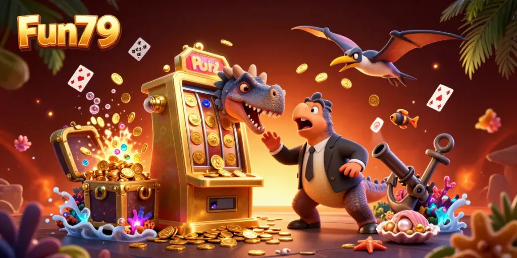 Experience Fun79's thrilling jackpot moments with dynamic scenes of excitement in this vibrant casino illustration.