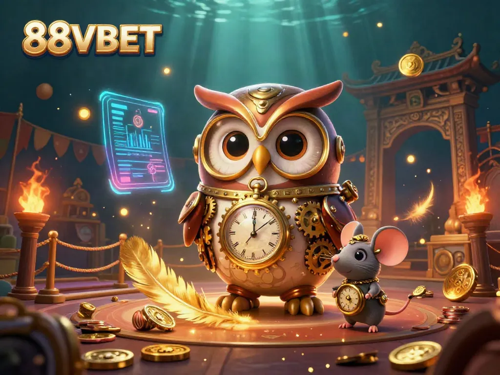Engage with 88VBET in a vibrant 3D casino scene featuring time-traveling characters amidst dynamic gambling elements.