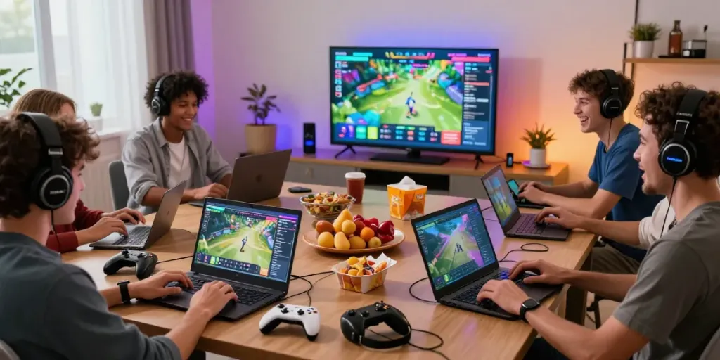 Players enjoying online games on tusuk88 platform in cozy living room.