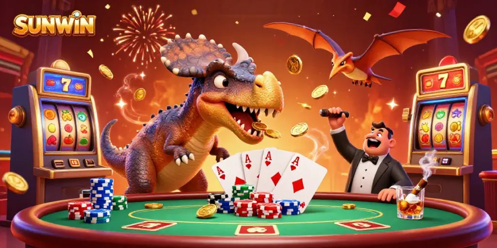 SUNWIN's vibrant casino scene with a dinosaur celebrating jackpot wins and thrilling gaming elements.
