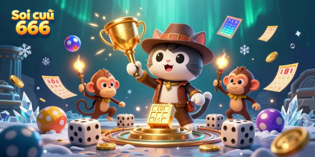 Soi cầu 666 lottery-themed illustration with an archeologist cat and dynamic game elements.