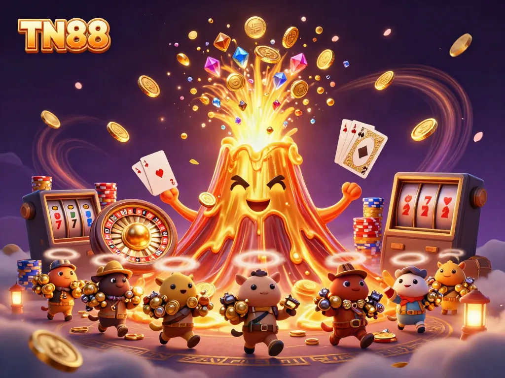 Experience the thrill of TN88 with vibrant casino elements and a golden volcano erupting treasures.