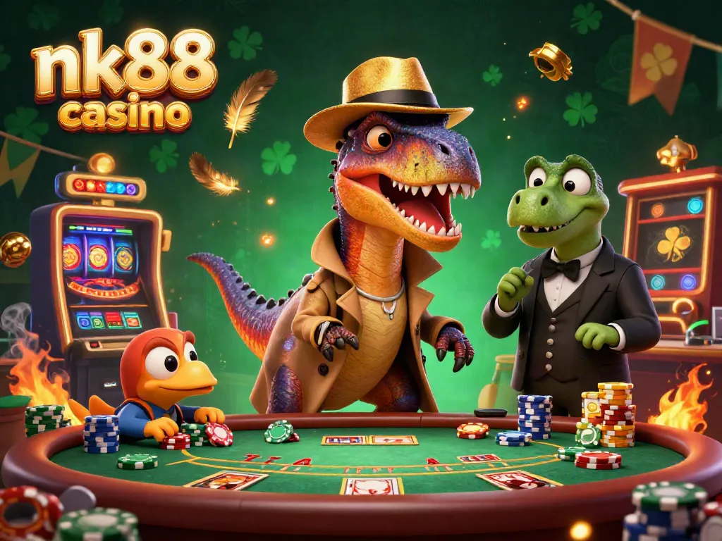 Bet big with nk88 casino illustrated in a vibrant 3D scene featuring a velociraptor at a blackjack table.