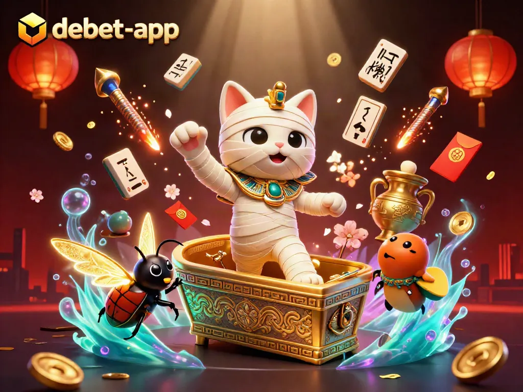 Experience the thrill of gaming with debet-app, featuring an Egyptian mummy cat in a vibrant casino scene.