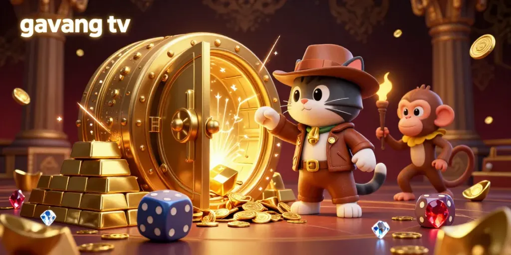 Watch Gavang TV as the explorer uncovers a golden casino artifact in a vibrant 3D illustration.