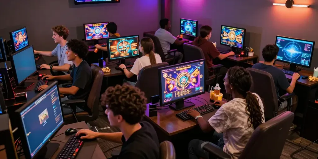 Dynamic gaming scene featuring engaging slot games with excited players in a cozy lounge.