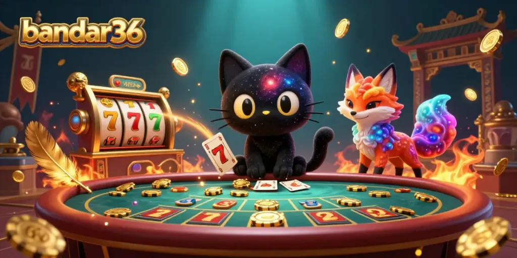 Permainan slot gacor di bandar36 menampilkan kucing hitam lubang hitam dan rubah nebula sebagai karakter utama.