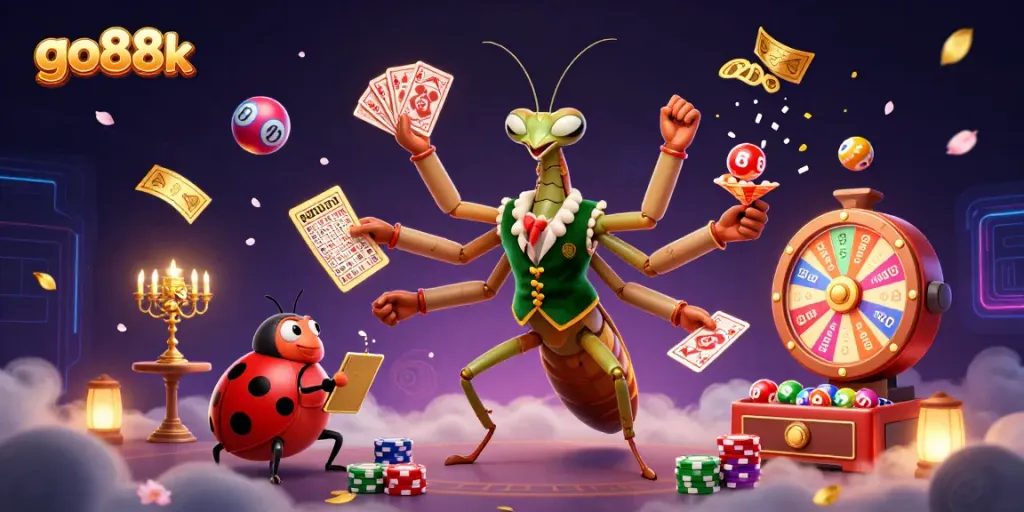 Experience thrilling gameplay with go88k featuring a giant praying mantis and vibrant game elements.